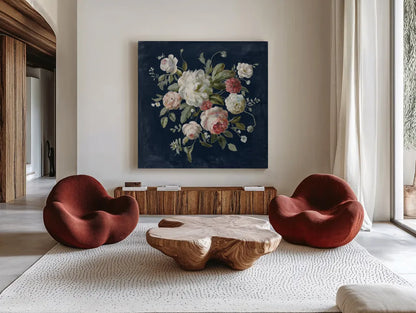 Gifts from the Garden Navy by Danhui Nai. Shown as extra-large giant wall art in a modern living room. Available as an archival giclee rolled canvas, fine art paper, or poster print. SKU 61890a.