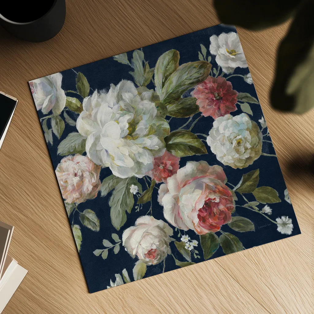 Gifts from the Garden Navy Crop by Danhui Nai. Shown as a detailed flat fine art print, highlighting archival giclee quality. Available as an archival giclee rolled canvas, fine art paper, or poster print. SKU 61891a.