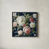 Gifts from the Garden Navy Crop by Danhui Nai. Shown in a sleek black glass frame for a contemporary gallery look. Available as an archival giclee rolled canvas, fine art paper, or poster print. SKU 61891a.