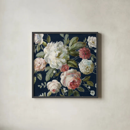 Gifts from the Garden Navy Crop by Danhui Nai. Shown in a sleek black glass frame for a contemporary gallery look. Available as an archival giclee rolled canvas, fine art paper, or poster print. SKU 61891a.