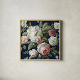 Gifts from the Garden Navy Crop by Danhui Nai. Shown in a natural wood glass frame for a timeless modern aesthetic. Available as an archival giclee rolled canvas, fine art paper, or poster print. SKU 61891a.