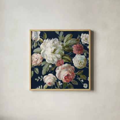 Gifts from the Garden Navy Crop by Danhui Nai. Shown in a natural wood glass frame for a timeless modern aesthetic. Available as an archival giclee rolled canvas, fine art paper, or poster print. SKU 61891a.