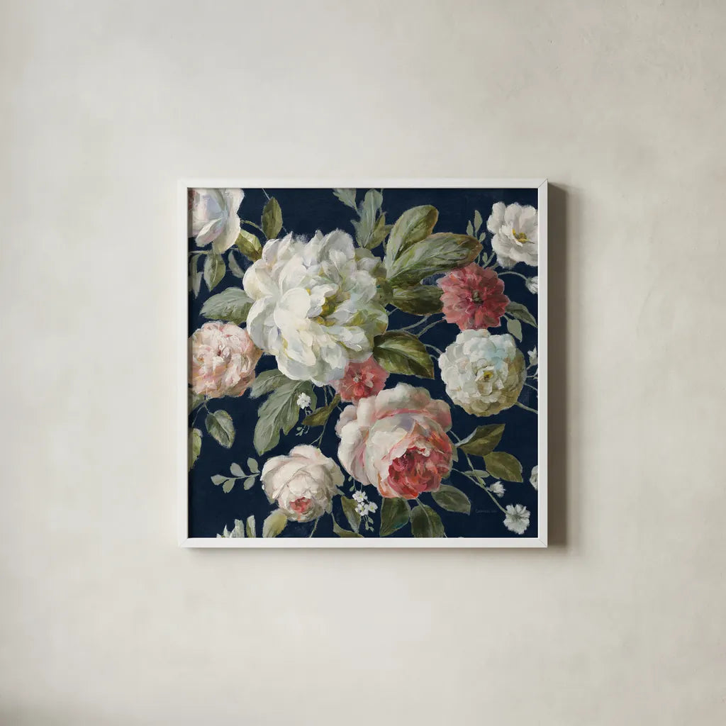 Gifts from the Garden Navy Crop by Danhui Nai. Shown in a crisp white glass frame for a clean and minimalist style. Available as an archival giclee rolled canvas, fine art paper, or poster print. SKU 61891a.