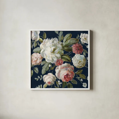 Gifts from the Garden Navy Crop by Danhui Nai. Shown in a crisp white glass frame for a clean and minimalist style. Available as an archival giclee rolled canvas, fine art paper, or poster print. SKU 61891a.