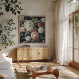 Gifts from the Garden Navy Crop by Danhui Nai. Shown in a natural wood frame in a cozy modern living room. Available as an archival giclee rolled canvas, fine art paper, or poster print. SKU 61891a.