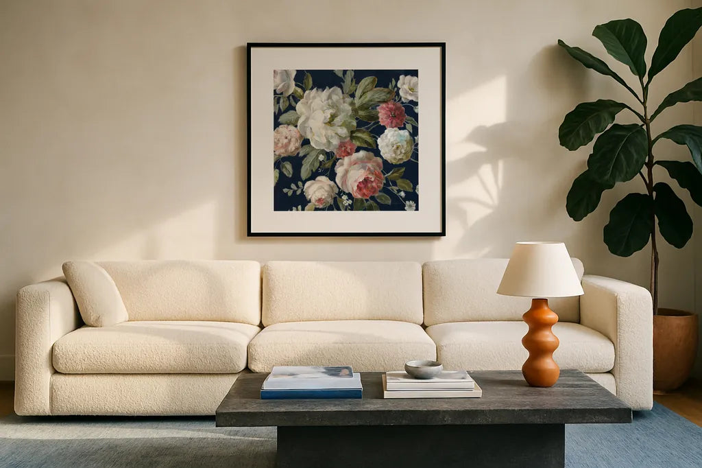 Gifts from the Garden Navy Crop by Danhui Nai. Displayed in a glass frame with matte in a clean modern living room. Available as an archival giclee rolled canvas, fine art paper, or poster print. SKU 61891a.