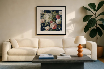 Gifts from the Garden Navy Crop by Danhui Nai. Displayed in a glass frame with matte in a clean modern living room. Available as an archival giclee rolled canvas, fine art paper, or poster print. SKU 61891a.