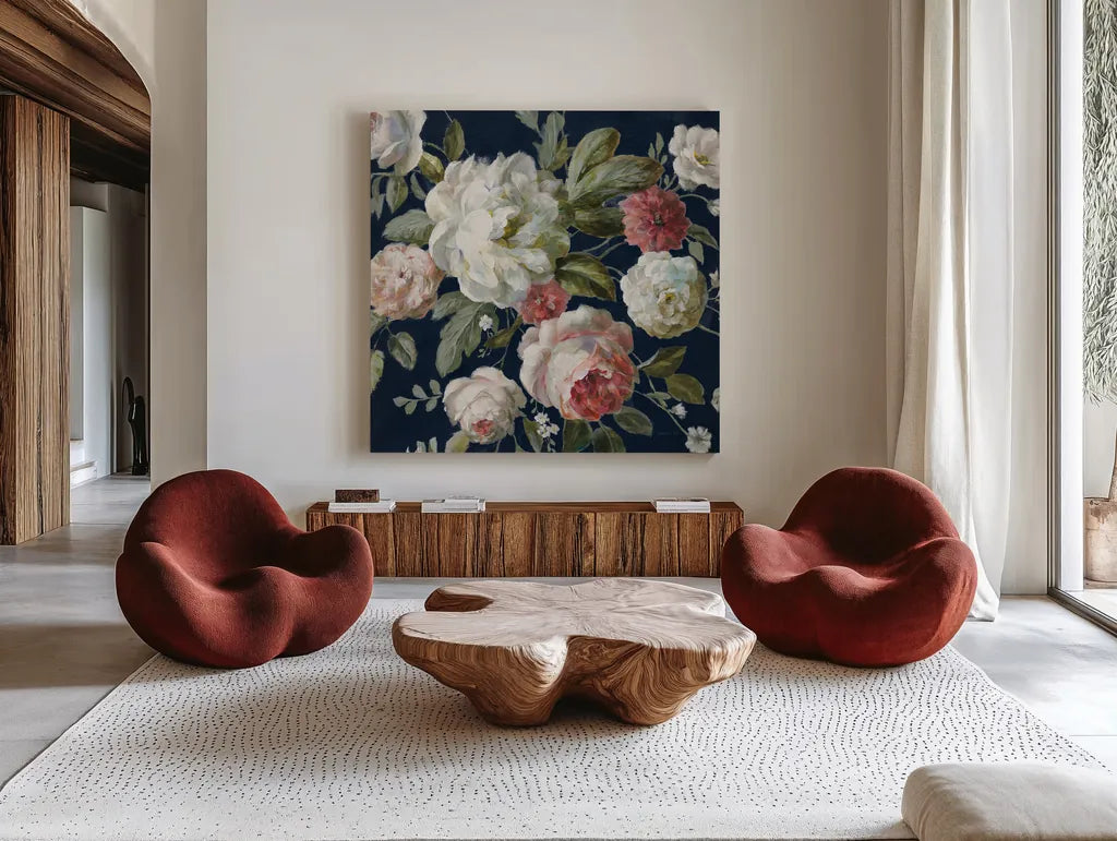 Gifts from the Garden Navy Crop by Danhui Nai. Shown as extra-large giant wall art in a modern living room. Available as an archival giclee rolled canvas, fine art paper, or poster print. SKU 61891a.