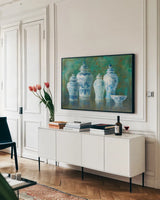 Ginger Jar Still Life by Danhui Nai. shown as a framed stretched canvas in a living room above a console. Available as a archival giclee rolled canvas, fine art paper, or poster print. SKU 91867i.