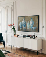 Ginger Jar Still Life Neutral by Danhui Nai. shown as a framed stretched canvas in a living room above a console. Available as a archival giclee rolled canvas, fine art paper, or poster print. SKU 23445i.
