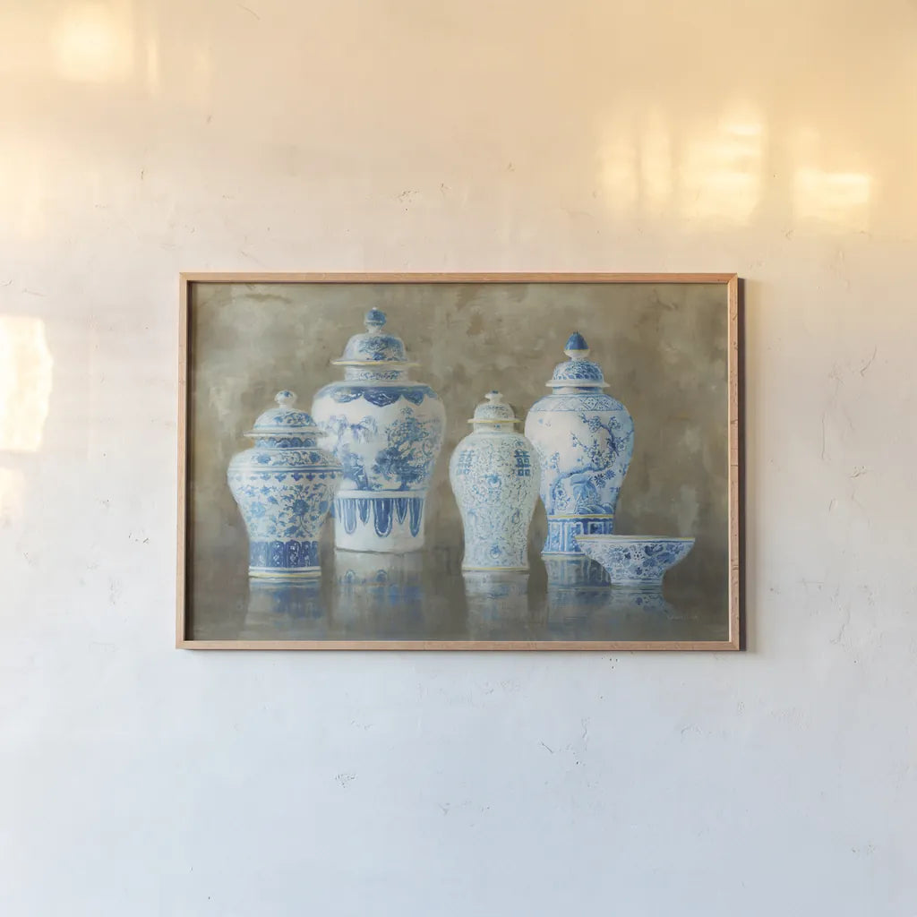 Ginger Jar Still Life Neutral by Danhui Nai. shown as a paper print in a natural frame. Available as a archival giclee rolled canvas, fine art paper, or poster print. SKU 23445i.