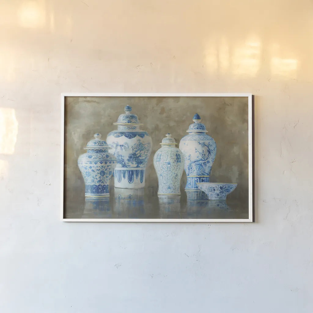 Ginger Jar Still Life Neutral by Danhui Nai. shown as a paper print in a white frame. Available as a archival giclee rolled canvas, fine art paper, or poster print. SKU 23445i.