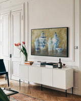 Ginger Jar Still Life v.2 by Danhui Nai. shown as a framed stretched canvas in a living room above a console. Available as a archival giclee rolled canvas, fine art paper, or poster print. SKU 19056i.