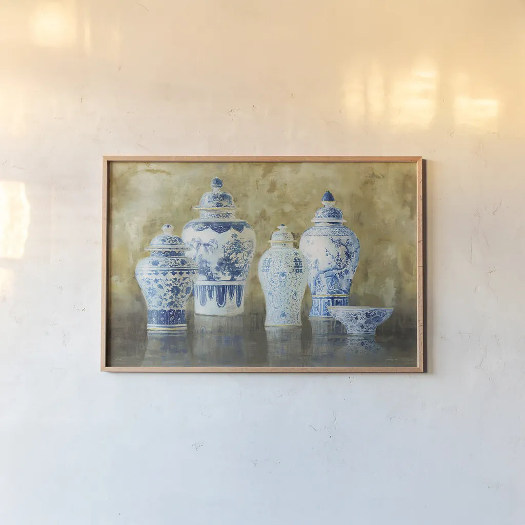 Ginger Jar Still Life v.2 by Danhui Nai. shown as a paper print in a natural frame. Available as a archival giclee rolled canvas, fine art paper, or poster print. SKU 19056i.