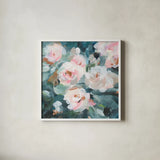 Glimpses of Roses I by Danhui Nai. Shown in a crisp white glass frame for a clean and minimalist style. Available as an archival giclee rolled canvas, fine art paper, or poster print. SKU 82547a.