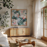 Glimpses of Roses II by Danhui Nai. Shown in a natural wood frame in a cozy modern living room. Available as an archival giclee rolled canvas, fine art paper, or poster print. SKU 82548a.