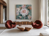 Glimpses of Roses III by Danhui Nai. Shown as extra-large giant wall art in a modern living room. Available as an archival giclee rolled canvas, fine art paper, or poster print. SKU 82549a.