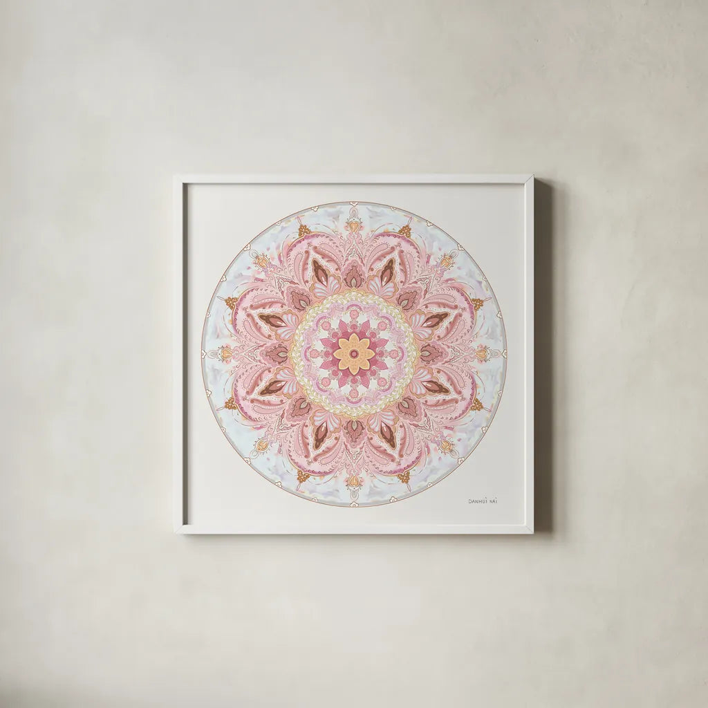 Goa Mandala I by Danhui Nai. Shown in a crisp white glass frame for a clean and minimalist style. Available as an archival giclee rolled canvas, fine art paper, or poster print. SKU 87976a.
