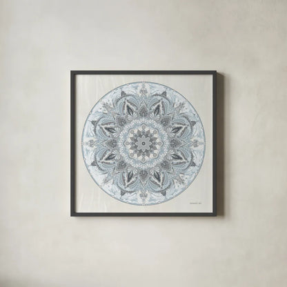 Goa Mandala I Dusty Blue by Danhui Nai. Shown in a sleek black glass frame for a contemporary gallery look. Available as an archival giclee rolled canvas, fine art paper, or poster print. SKU 89988a.