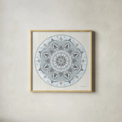 Goa Mandala I Dusty Blue by Danhui Nai. Shown in a natural wood glass frame for a timeless modern aesthetic. Available as an archival giclee rolled canvas, fine art paper, or poster print. SKU 89988a.