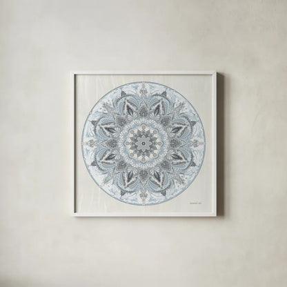Goa Mandala I Dusty Blue by Danhui Nai. Shown in a crisp white glass frame for a clean and minimalist style. Available as an archival giclee rolled canvas, fine art paper, or poster print. SKU 89988a.