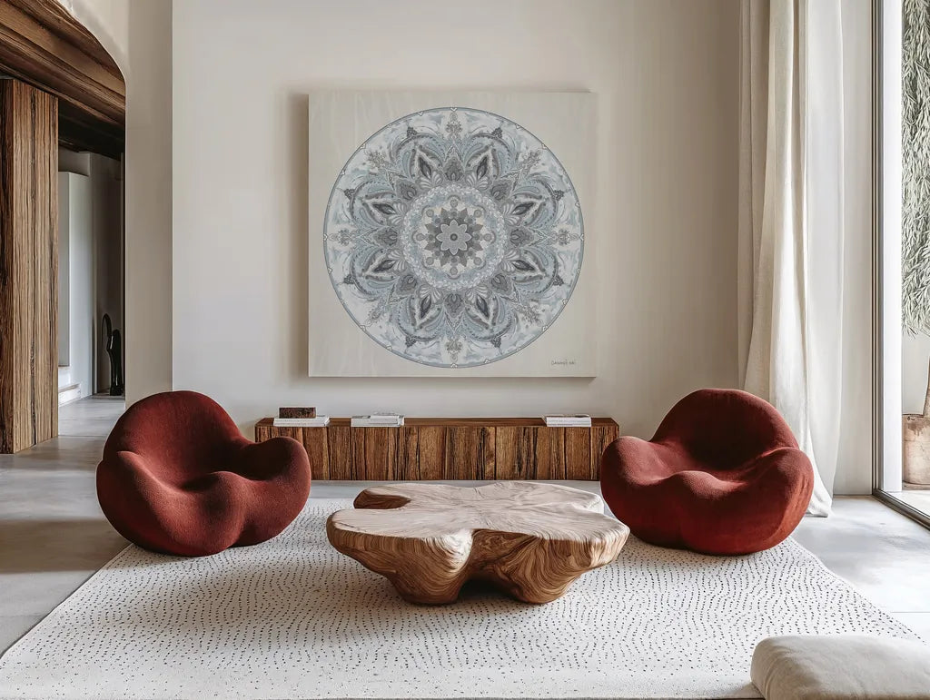 Goa Mandala I Dusty Blue by Danhui Nai. Shown as extra-large giant wall art in a modern living room. Available as an archival giclee rolled canvas, fine art paper, or poster print. SKU 89988a.