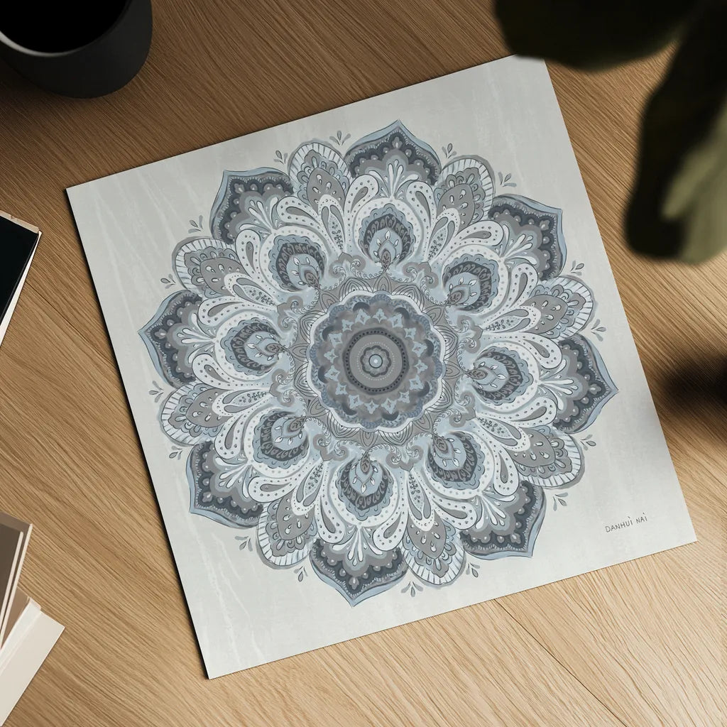 Goa Mandala II Dusty Blue by Danhui Nai. Shown as a detailed flat fine art print, highlighting archival giclee quality. Available as an archival giclee rolled canvas, fine art paper, or poster print. SKU 89989a.