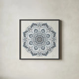 Goa Mandala II Dusty Blue by Danhui Nai. Shown in a sleek black glass frame for a contemporary gallery look. Available as an archival giclee rolled canvas, fine art paper, or poster print. SKU 89989a.