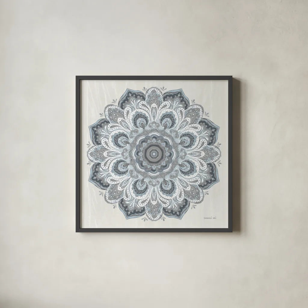 Goa Mandala II Dusty Blue by Danhui Nai. Shown in a sleek black glass frame for a contemporary gallery look. Available as an archival giclee rolled canvas, fine art paper, or poster print. SKU 89989a.