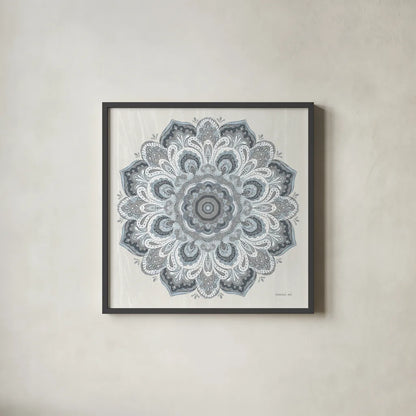 Goa Mandala II Dusty Blue by Danhui Nai. Shown in a sleek black glass frame for a contemporary gallery look. Available as an archival giclee rolled canvas, fine art paper, or poster print. SKU 89989a.