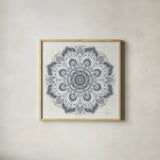 Goa Mandala II Dusty Blue by Danhui Nai. Shown in a natural wood glass frame for a timeless modern aesthetic. Available as an archival giclee rolled canvas, fine art paper, or poster print. SKU 89989a.