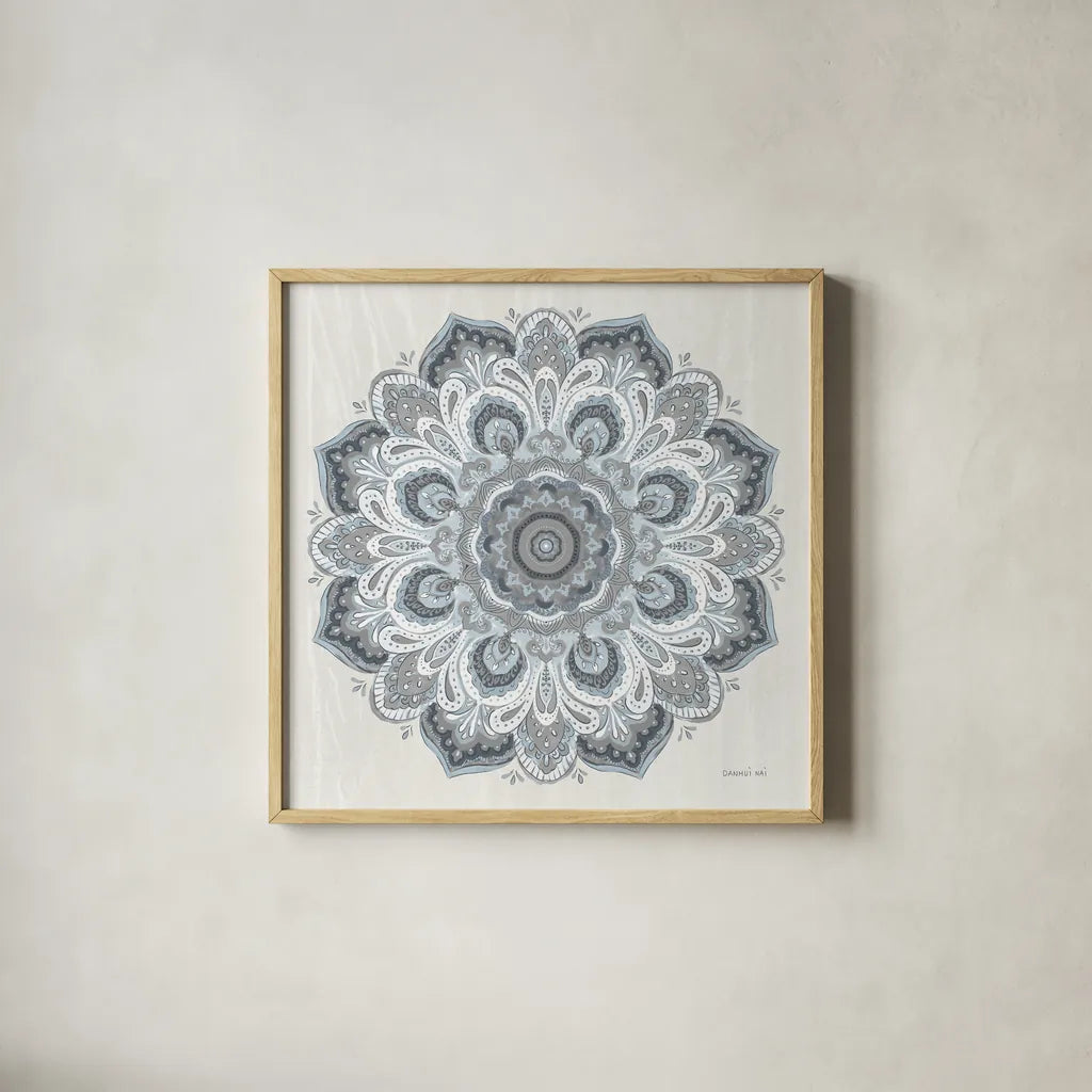 Goa Mandala II Dusty Blue by Danhui Nai. Shown in a natural wood glass frame for a timeless modern aesthetic. Available as an archival giclee rolled canvas, fine art paper, or poster print. SKU 89989a.