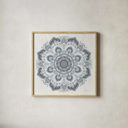 Goa Mandala II Dusty Blue by Danhui Nai. Shown in a natural wood glass frame for a timeless modern aesthetic. Available as an archival giclee rolled canvas, fine art paper, or poster print. SKU 89989a.