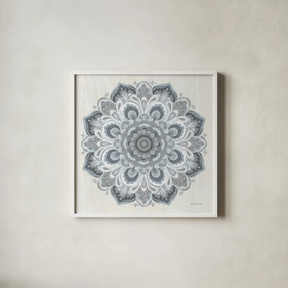 Goa Mandala II Dusty Blue by Danhui Nai. Shown in a crisp white glass frame for a clean and minimalist style. Available as an archival giclee rolled canvas, fine art paper, or poster print. SKU 89989a.