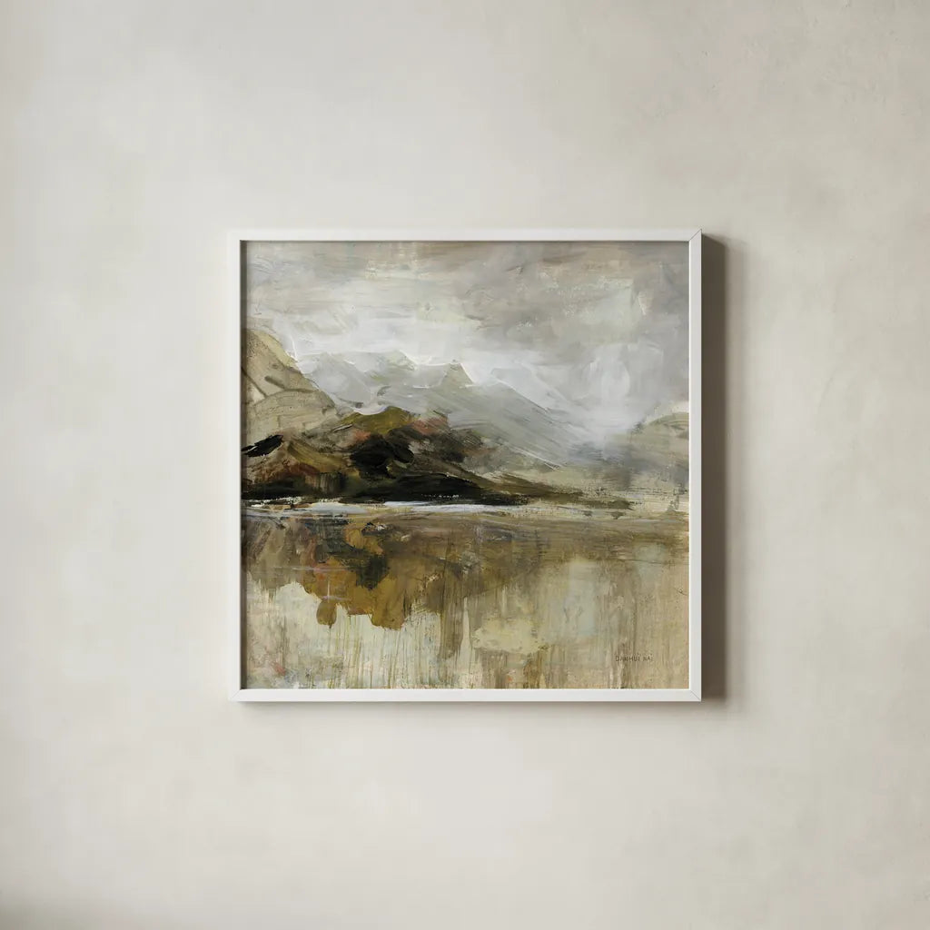 Golden Hills by Danhui Nai. Shown in a crisp white glass frame for a clean and minimalist style. Available as an archival giclee rolled canvas, fine art paper, or poster print. SKU 98053a.
