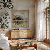 Golden Hills by Danhui Nai. Shown in a natural wood frame in a cozy modern living room. Available as an archival giclee rolled canvas, fine art paper, or poster print. SKU 98053a.