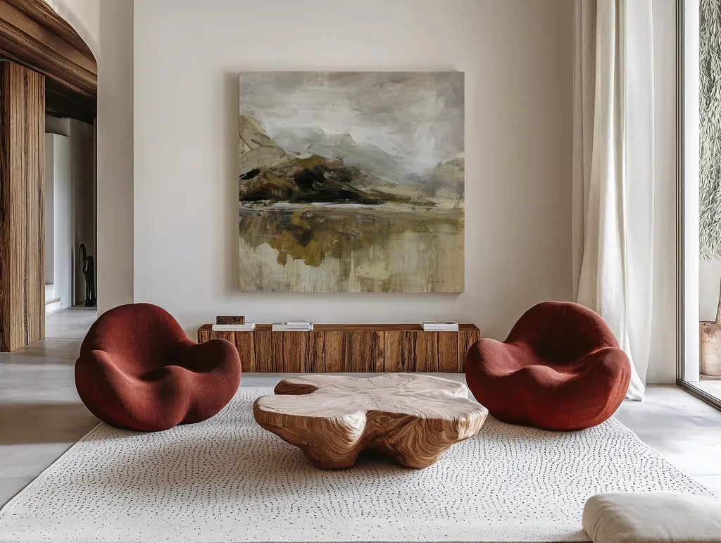 Golden Hills by Danhui Nai. Shown as extra-large giant wall art in a modern living room. Available as an archival giclee rolled canvas, fine art paper, or poster print. SKU 98053a.