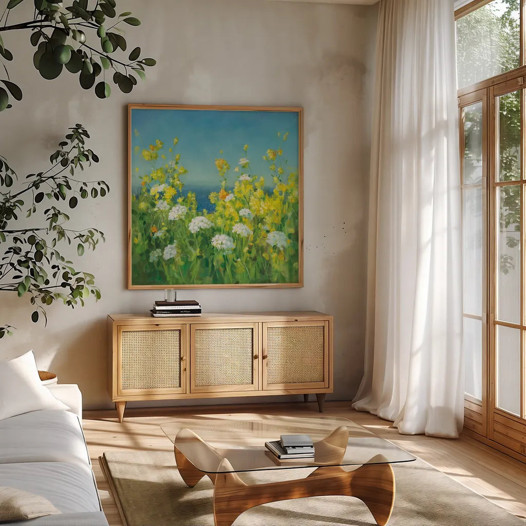 Golden Hour by Danhui Nai. Shown in a natural wood frame in a cozy modern living room. Available as an archival giclee rolled canvas, fine art paper, or poster print. SKU 54624a.