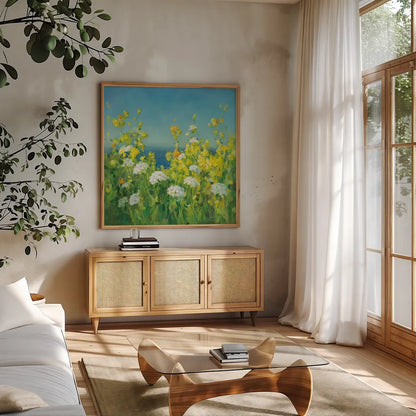 Golden Hour by Danhui Nai. Shown in a natural wood frame in a cozy modern living room. Available as an archival giclee rolled canvas, fine art paper, or poster print. SKU 54624a.