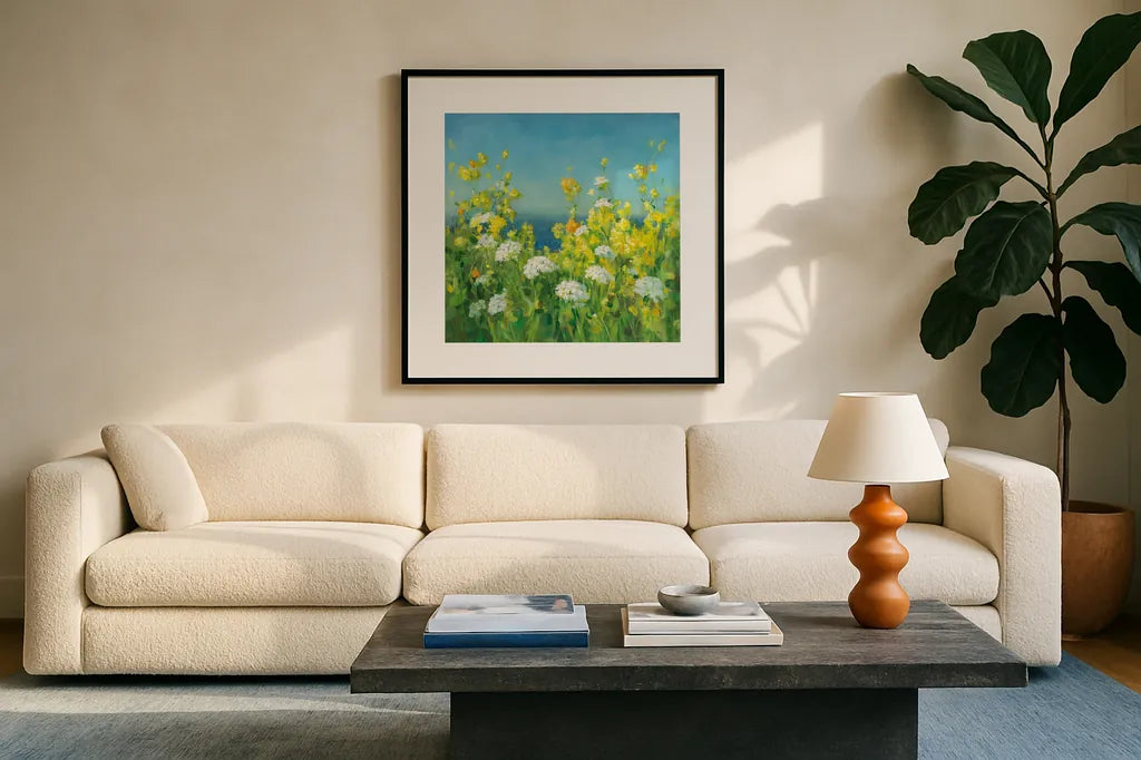 Golden Hour by Danhui Nai. Displayed in a glass frame with matte in a clean modern living room. Available as an archival giclee rolled canvas, fine art paper, or poster print. SKU 54624a.