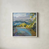 Golden Valley by Danhui Nai. Shown in a crisp white glass frame for a clean and minimalist style. Available as an archival giclee rolled canvas, fine art paper, or poster print. SKU 64839a.