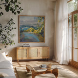 Golden Valley by Danhui Nai. Shown in a natural wood frame in a cozy modern living room. Available as an archival giclee rolled canvas, fine art paper, or poster print. SKU 64839a.