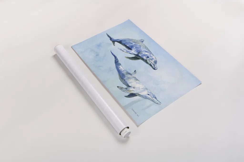 Graceful Dolphins I by Danhui Nai. shown as a rolled paper print. Available as archival giclee rolled canvas, fine art paper, or poster print. SKU 93408i.