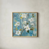 Graceful Magnolia I by Danhui Nai. Shown in a natural wood glass frame for a timeless modern aesthetic. Available as an archival giclee rolled canvas, fine art paper, or poster print. SKU 13356a.
