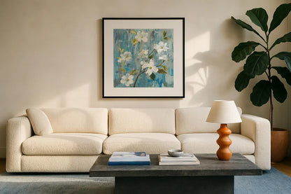 Graceful Magnolia I by Danhui Nai. Displayed in a glass frame with matte in a clean modern living room. Available as an archival giclee rolled canvas, fine art paper, or poster print. SKU 13356a.