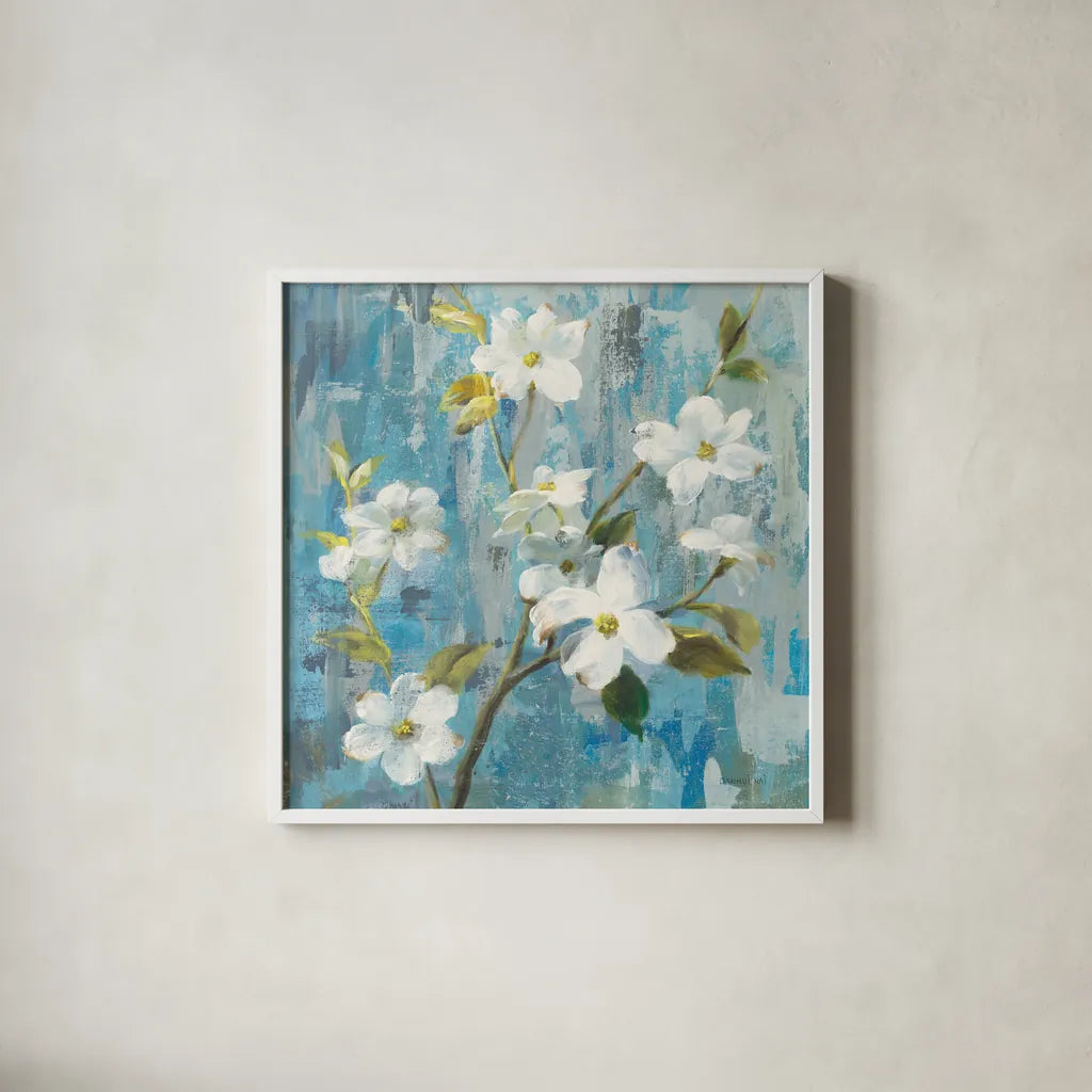 Graceful Magnolia I by Danhui Nai. Shown in a crisp white glass frame for a clean and minimalist style. Available as an archival giclee rolled canvas, fine art paper, or poster print. SKU 91865a.
