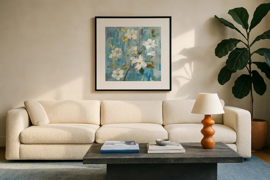 Graceful Magnolia I by Danhui Nai. Displayed in a glass frame with matte in a clean modern living room. Available as an archival giclee rolled canvas, fine art paper, or poster print. SKU 91865a.