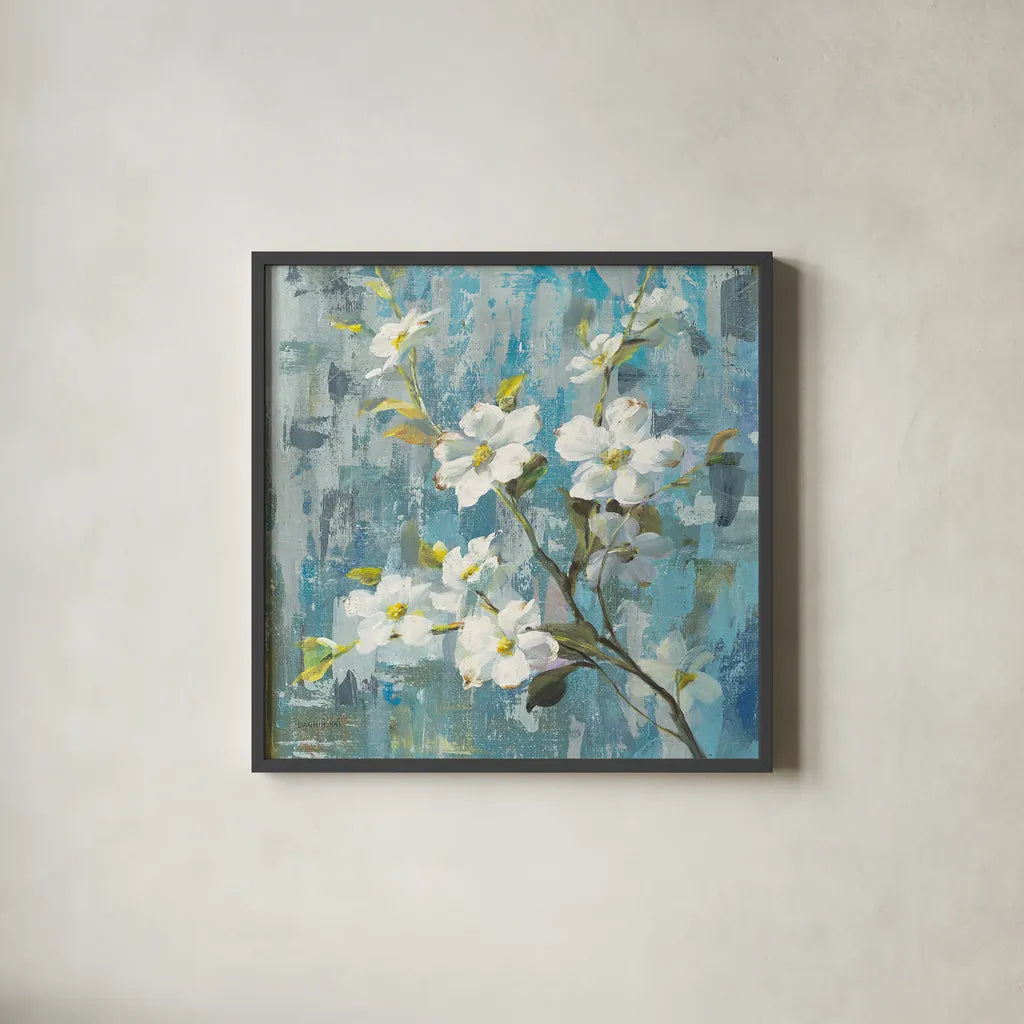 Graceful Magnolia II by Danhui Nai. Shown in a sleek black glass frame for a contemporary gallery look. Available as an archival giclee rolled canvas, fine art paper, or poster print. SKU 13357a.
