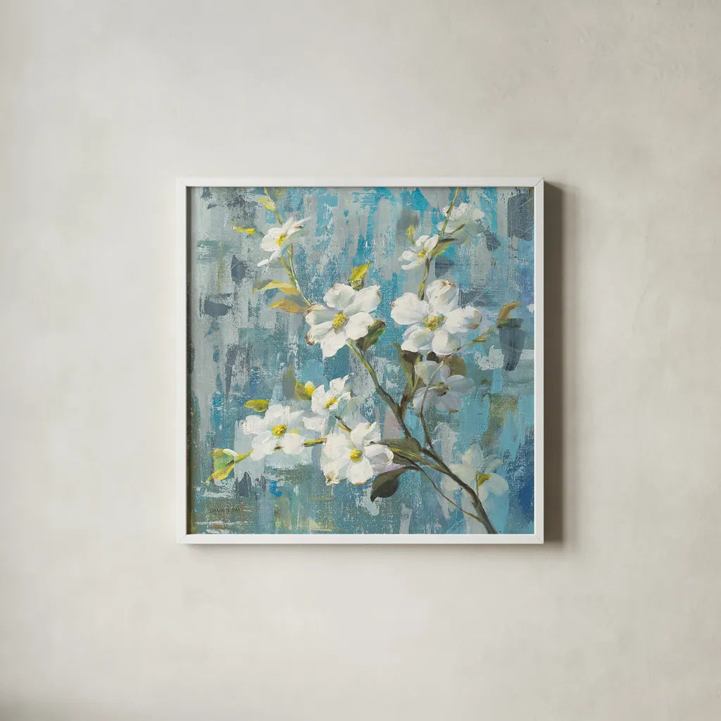 Graceful Magnolia II by Danhui Nai. Shown in a crisp white glass frame for a clean and minimalist style. Available as an archival giclee rolled canvas, fine art paper, or poster print. SKU 13357a.