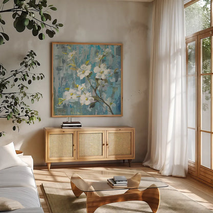 Graceful Magnolia II by Danhui Nai. Shown in a natural wood frame in a cozy modern living room. Available as an archival giclee rolled canvas, fine art paper, or poster print. SKU 13357a.